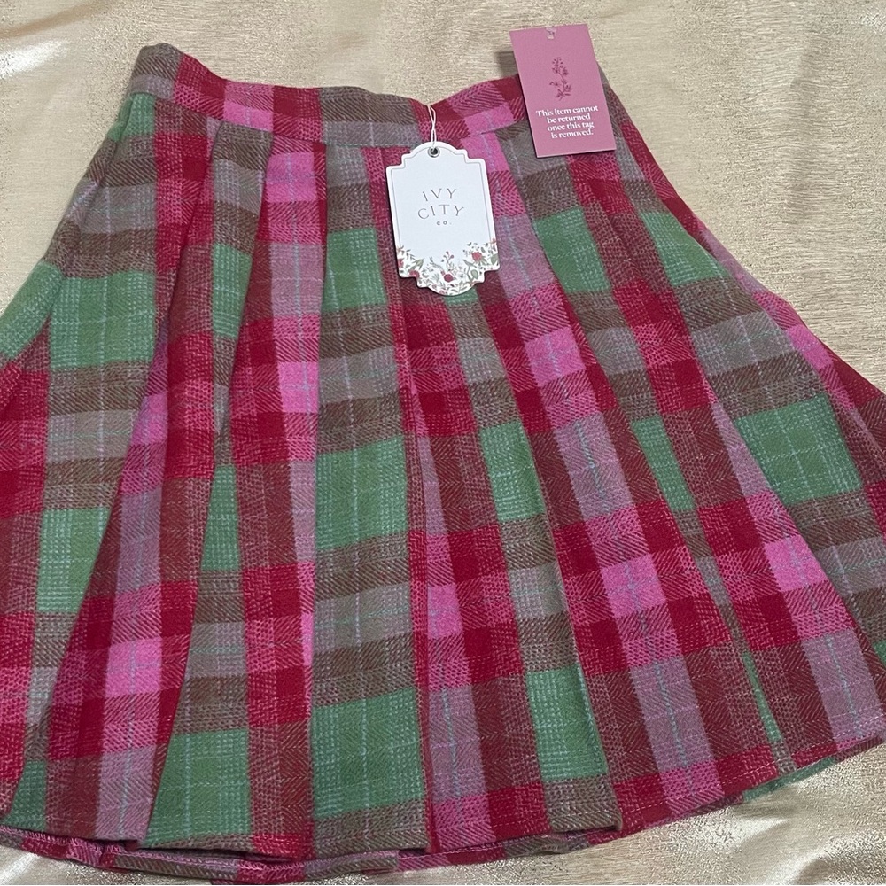 Ivy City Co Marren Skirt , Green & Brown Plaid Pleated Skater Skirt, Holiday